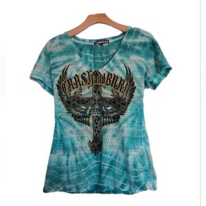 Crash & Burn Turquoise Bejeweled Cross Print Y2K T-shirt